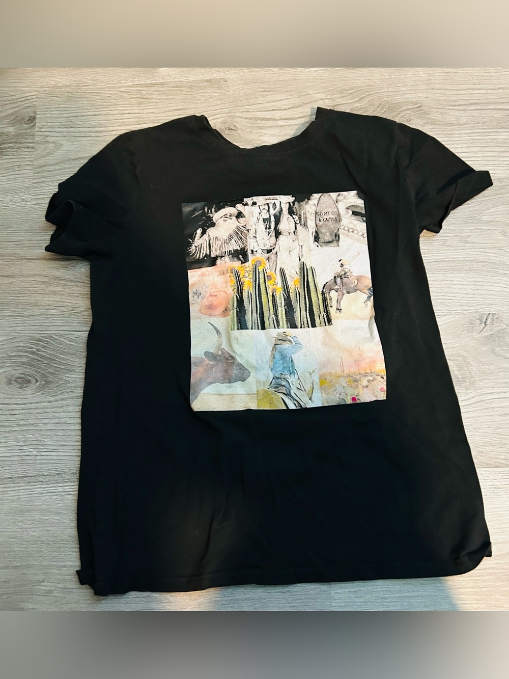 Black Graphic Crewneck Tee with Desert Western Collage Small